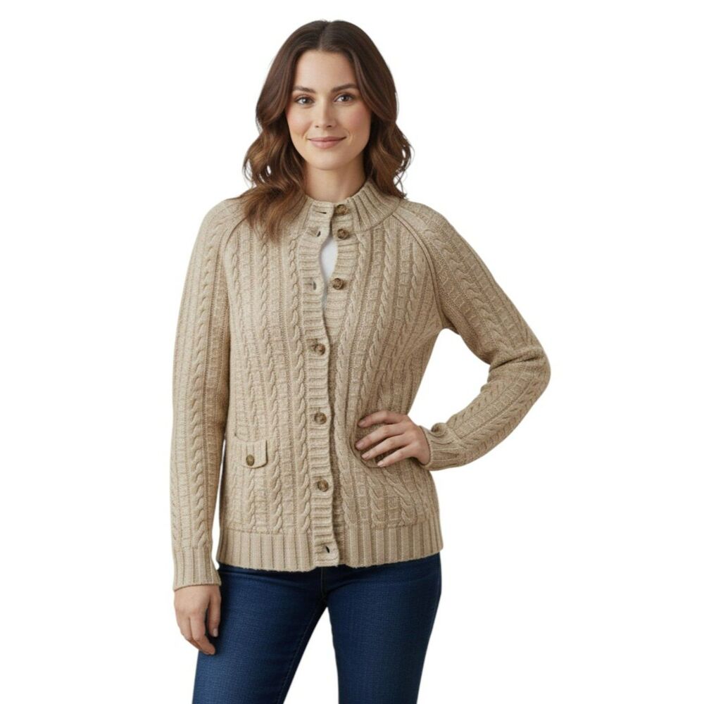Banana Republic Cable Knit Cardigan S Cashmere Wool Tan Classic Preppy